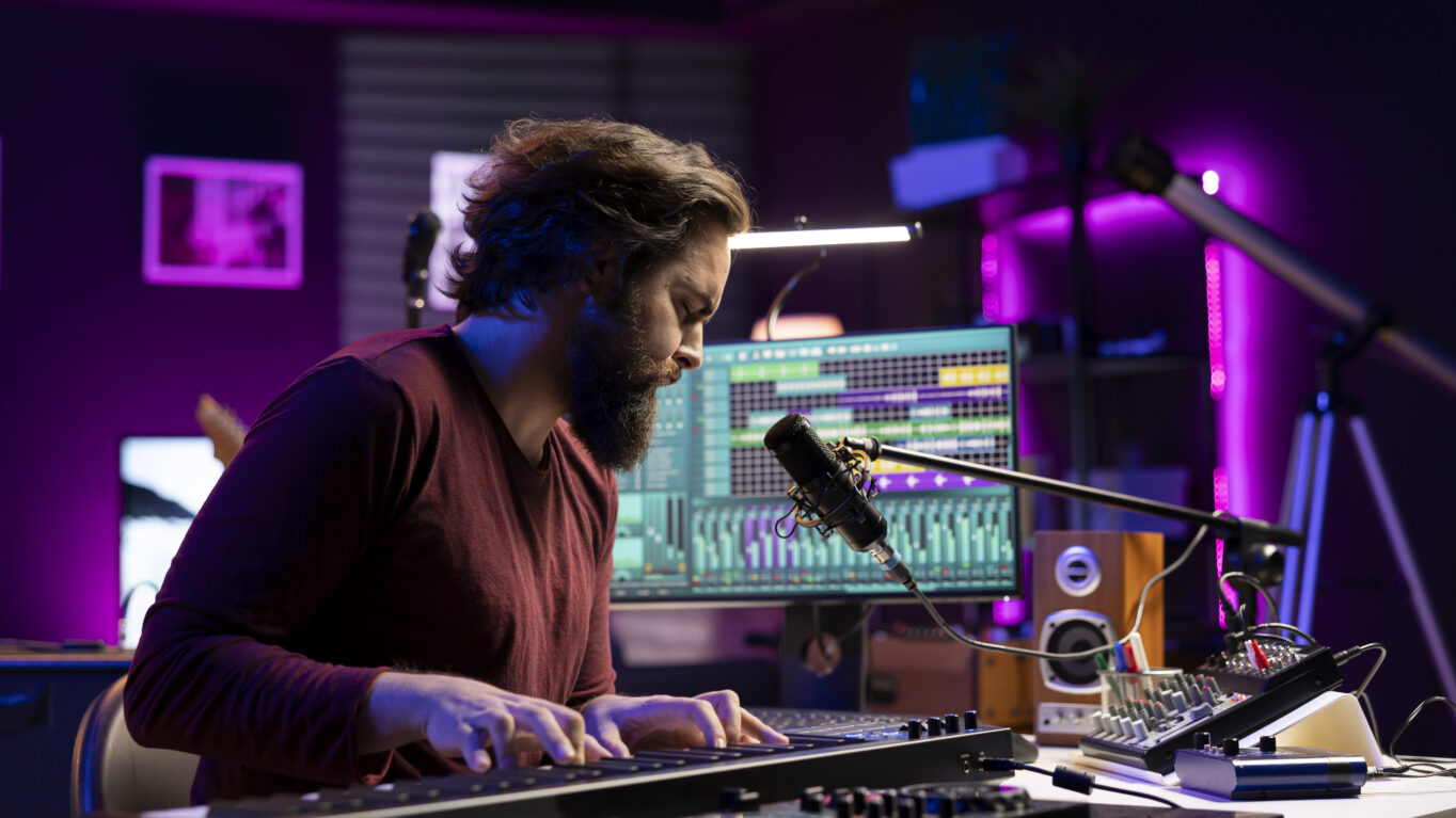 Split image contrasting a human music producer at a mixing board with an AI-generated soundwave graphic, representing the AI music debate of 2026.